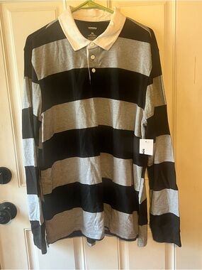 SONOMA Men's Long-Sleeve Rugby Polo - Black & Gray with White Collar XL